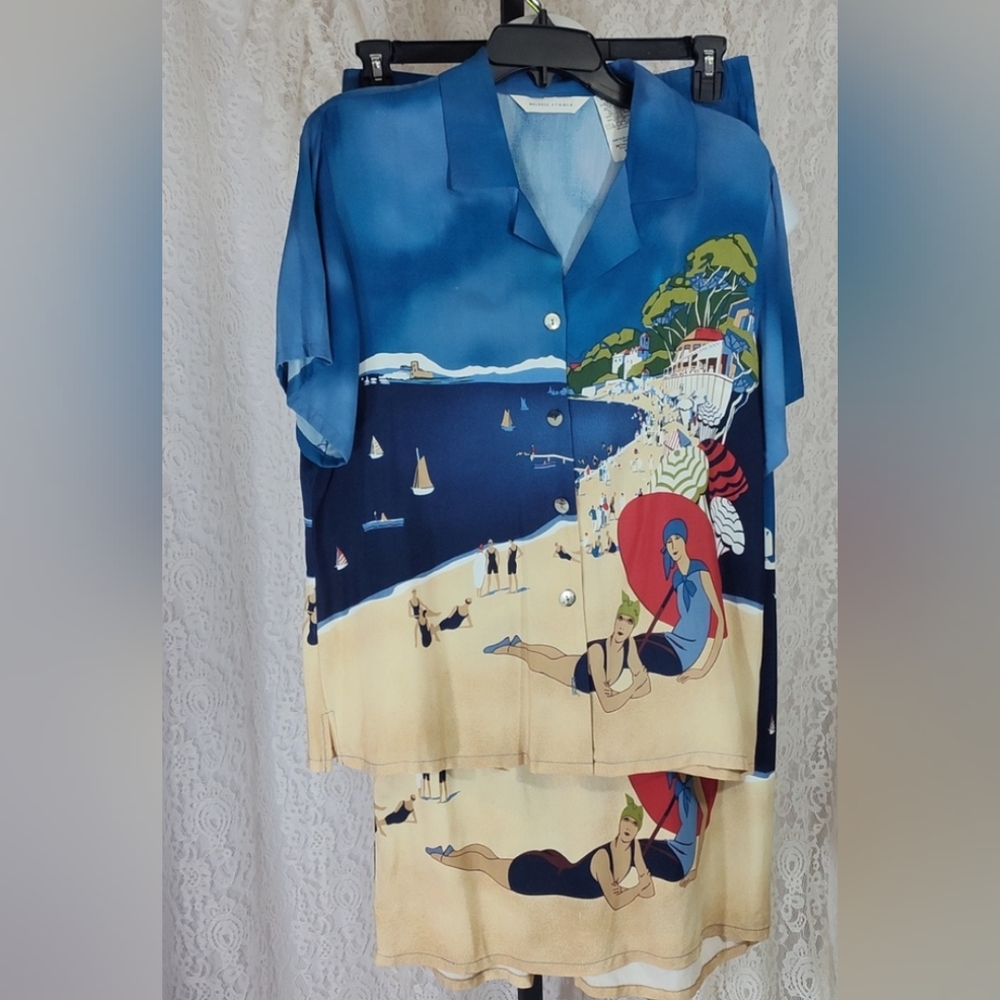 Vintage Skirt set  Blue Beach Print Size L